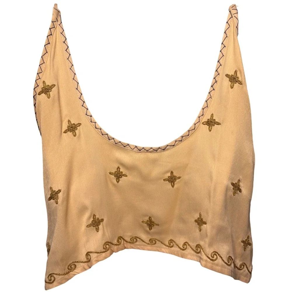 FREE PEOPLE Womens Peach Cami Tassel Embroidered Crop Tank Top Sz S Boho Girly